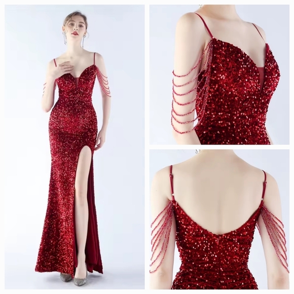 Red Sequin Backless Gown with Sweetheart Neckline - Picture 4 of 12